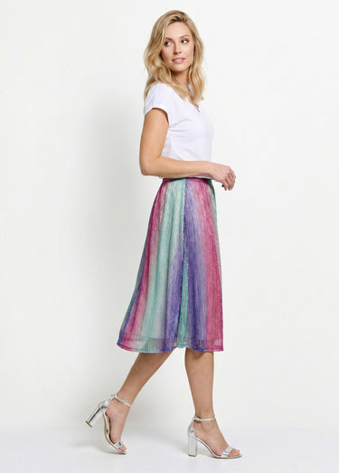 Jupe évasée mi longue brillante taille élastiquée Rose/Aqua