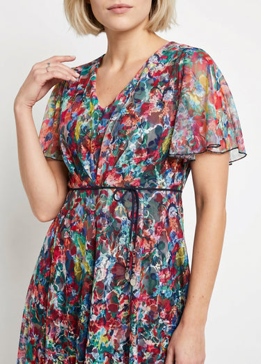 Robe courte dentelle fleurie évasée Fuchsia/Bleu