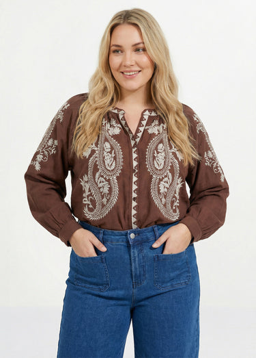 Blouse avec broderies et petit col V Chocolat / Beige