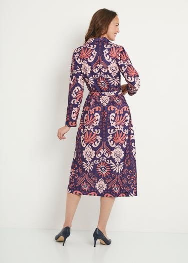 Robe boutonnée mi longue satinée col tailleur Marine/Rose
