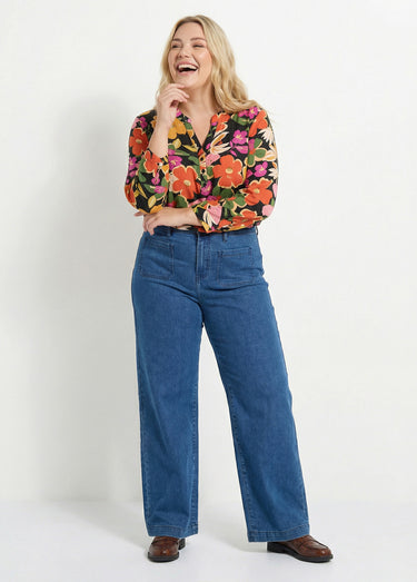 Blouse encolure V motif fleuri vif Multicolore/fond noir