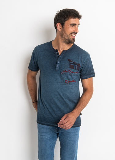 T-shirt col tunisien chiné avec motif Marine