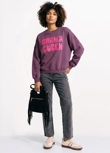 Sweat col rond, message Drama Queen Bordeaux/fuchsia