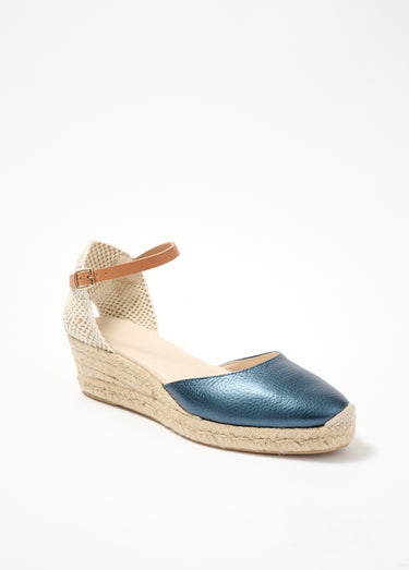 Sandales compensées cuir et jute talon enrobé Marine