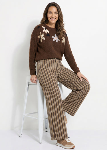 Pantalon très large, denim rayé fantaisie Marron/Beige
