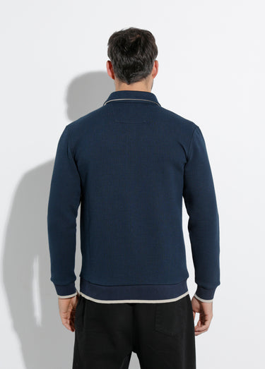 Pull maille fantaisie, col polo boutonné Bleu Marine