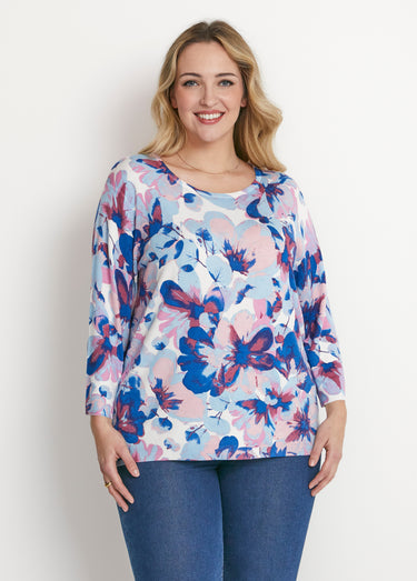 Pull manches 3/4 imprimé floral Bleu/Rose