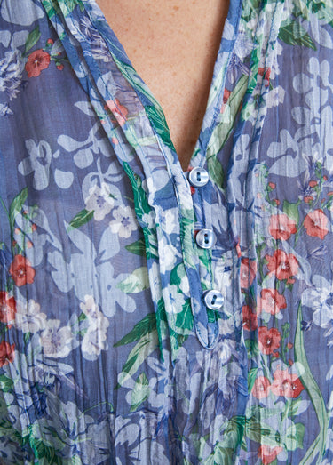 Tunique ample manches 3/4 fleurie Fond Bleu