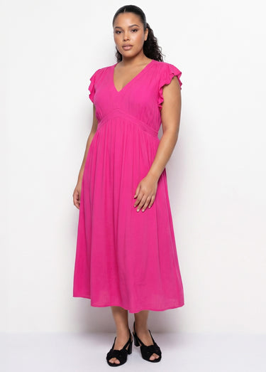 Robe longue, épaules volantées Fuchsia