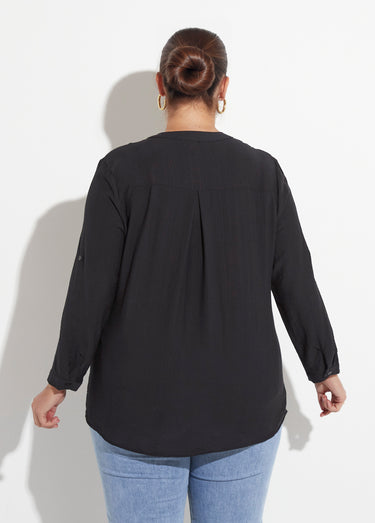 Blouse col V unie à manches longues Noir