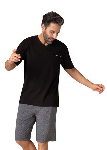Pyjama short col V homme Noir Imprime