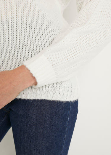 Pull court ample col rond grosse maille Ecru