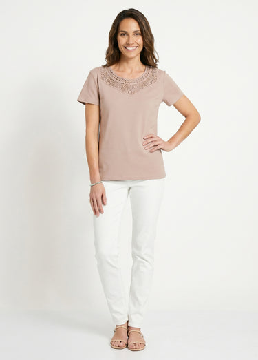 T-shirt macramé coton uni manches courtes Beige