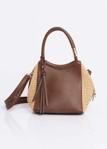 Sac à main aspect raphia et simili cuir Marron
