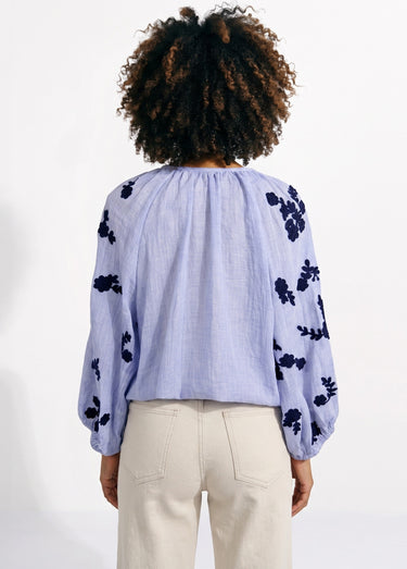 Blouse voile coton et broderies fleurs Bleu