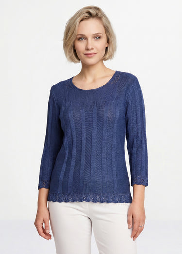Pull court ajouré col rond Bleu