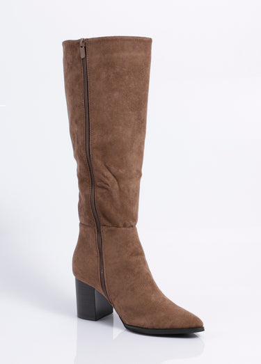 Bottes suédine pointues à talon Taupe