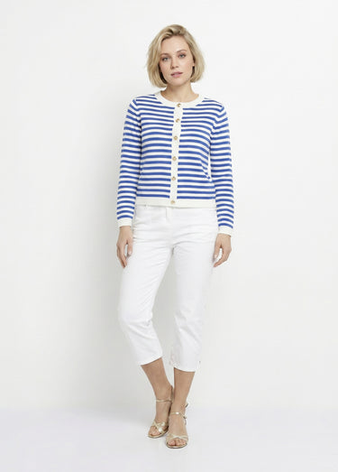 Gilet cardigan court col rond rayé boutonné Raye Bleu