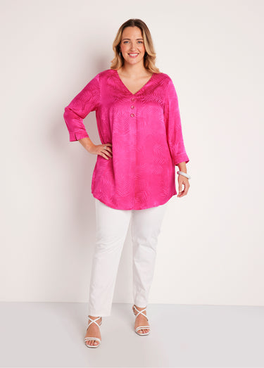 Tunique longue col V manches 3/4 Fuchsia