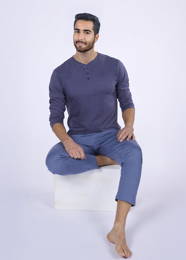 Pyjama long 2 pièces coton petits motifs Bleu