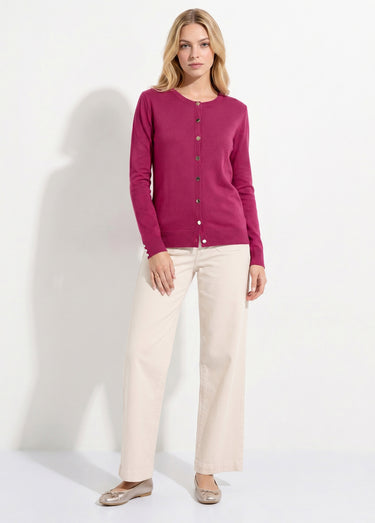 Gilet fin col rond boutonné jersey uni avec laine mérinos Cassis