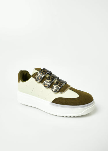 Baskets bimatière à scratchs façon animalier Kaki