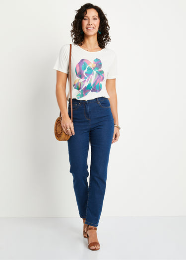 T-shirt col rond avec motif fleuri Fond Ecru