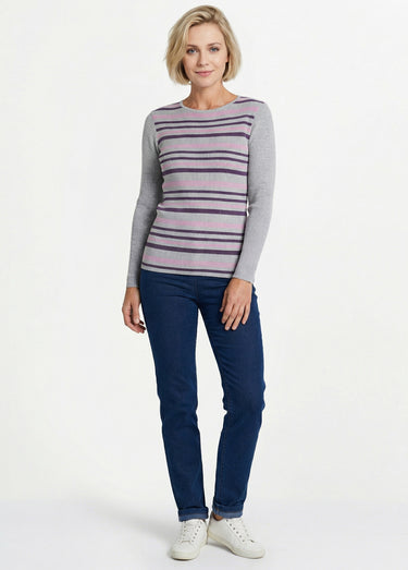 Pull chaud col rond laine mérinos Raye Argent/Prune