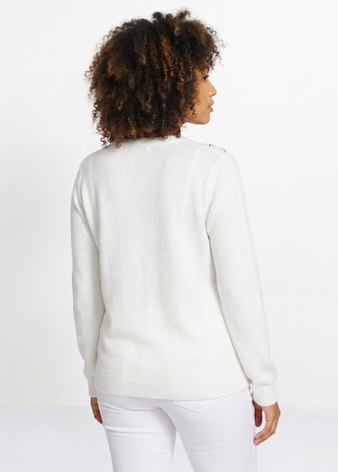 Pull doux uni brodé col rond manches longues Ecru