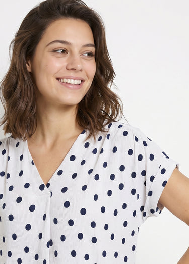 T-shirt ample imprimé pois col V Blanc/Marine