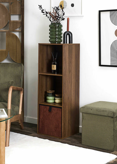 Meuble 3 cases en bois foncé rainuré Marron
