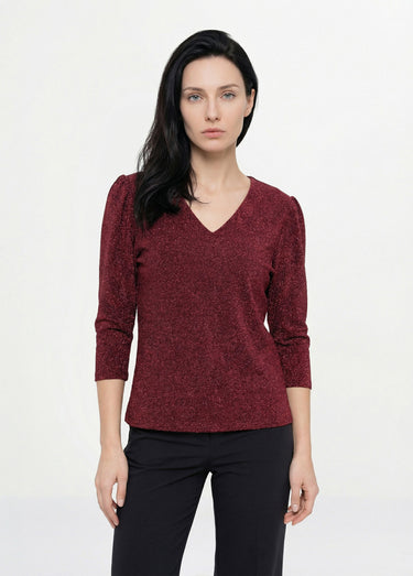 Tunique chic maille métallisée et col V Bordeaux