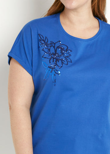 T-shirt coton uni sequins manches courtes Bleu Dur