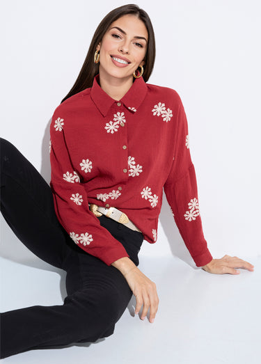 Chemisier avec broderies fleurs stylisées Bordeaux