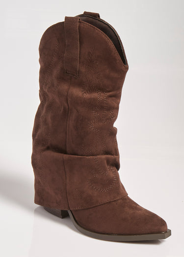Bottes froissées brodées style cow girl Marron