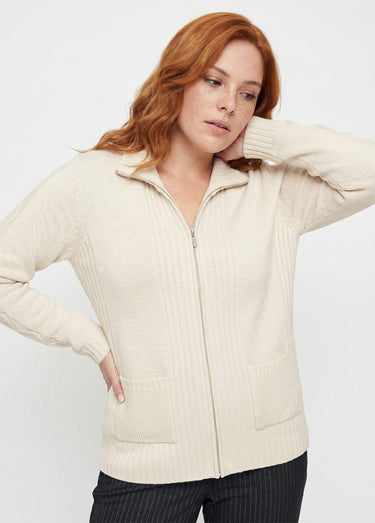 Gilet zippé uni mi-long maille épaisse Ecru