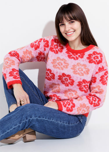 Pull court en maille motif fleuri Rose/Rouge