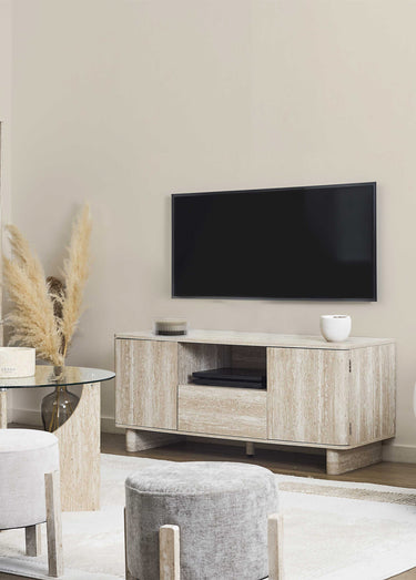 Meuble TV 3 portes, aspect pierre travertin Blanc/Beige