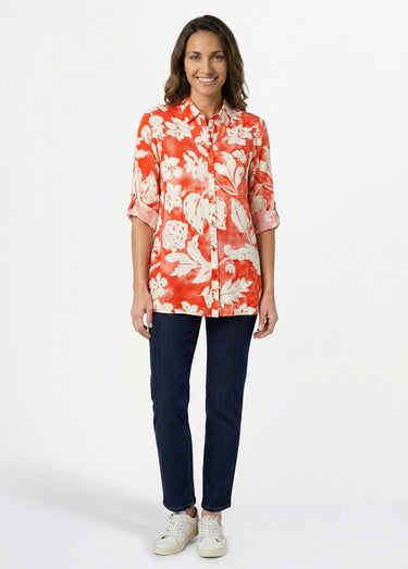 Chemisier ample long fleuri Rouge/Blanc