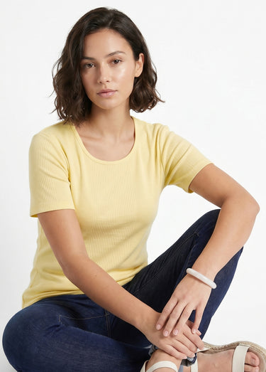 T-shirt coton côtelé col rond Jaune