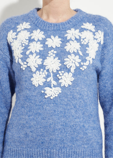 Pull moelleux col rond fleurs brodées Bleu