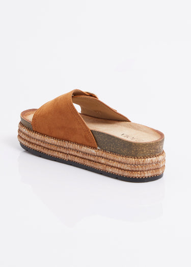 Mules suédine à boucle, semelle plateforme Camel
