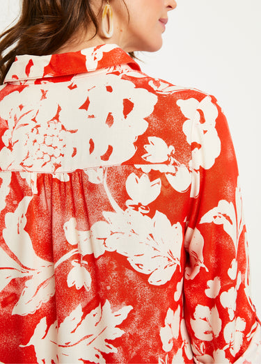Chemisier ample long fleuri Rouge/Blanc