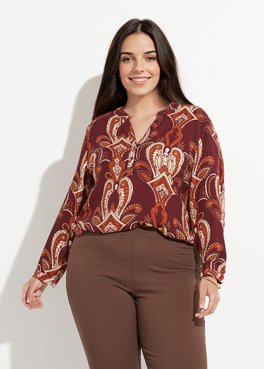 Blouse col V boutonné imprimé acanthes Bordeaux