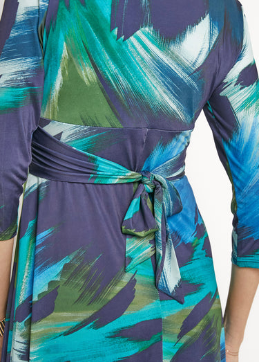 Robe cache-cœur stretch, détails drapés Bleu/Vert
