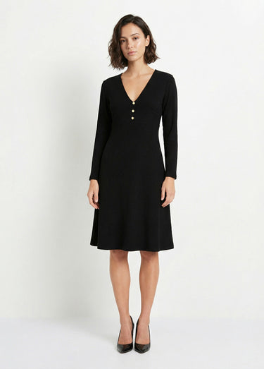 Robe unie courte col V en maille côtelée Noir