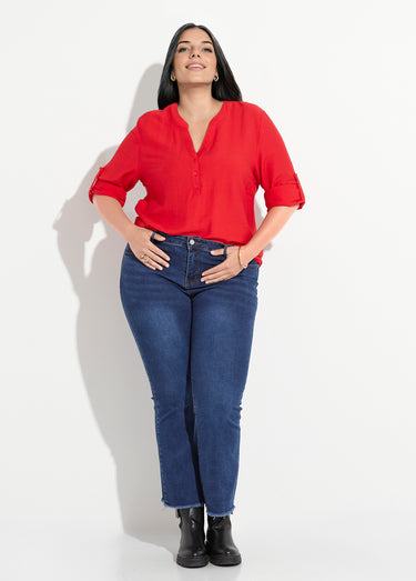 Blouse col V unie à manches longues Rouge