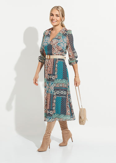 Robe longue voile crépon imprimé patchwork Vert / Écru