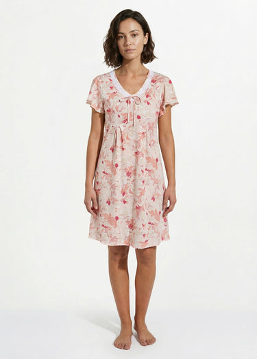 Chemise de nuit coton dentelle Imprime/Rose