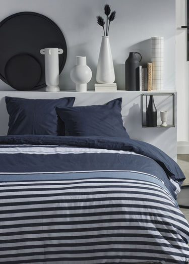 Parure pur coton 240 x 220cm, Lignes Bleu Raye
